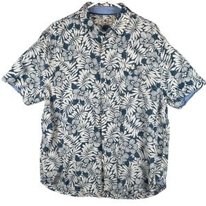 True Grit Mens Large Blue Floral Linen Tencel Short Sleeve Button Down Shirt